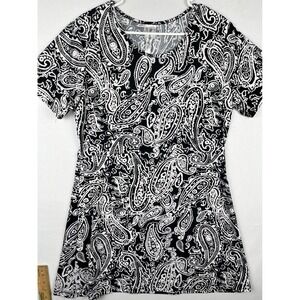 Bella Berry Paisley Print Top Womens XL Short Sleeve Black White Blouse